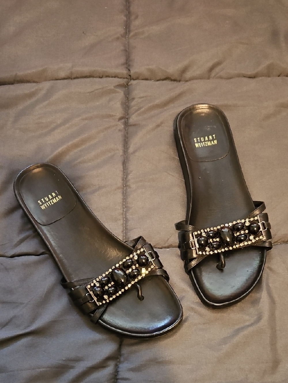 Stuart‎ Weitzman Designer Black Jeweled Toe-Loop Slide Sandals Size 8 400 MSRP